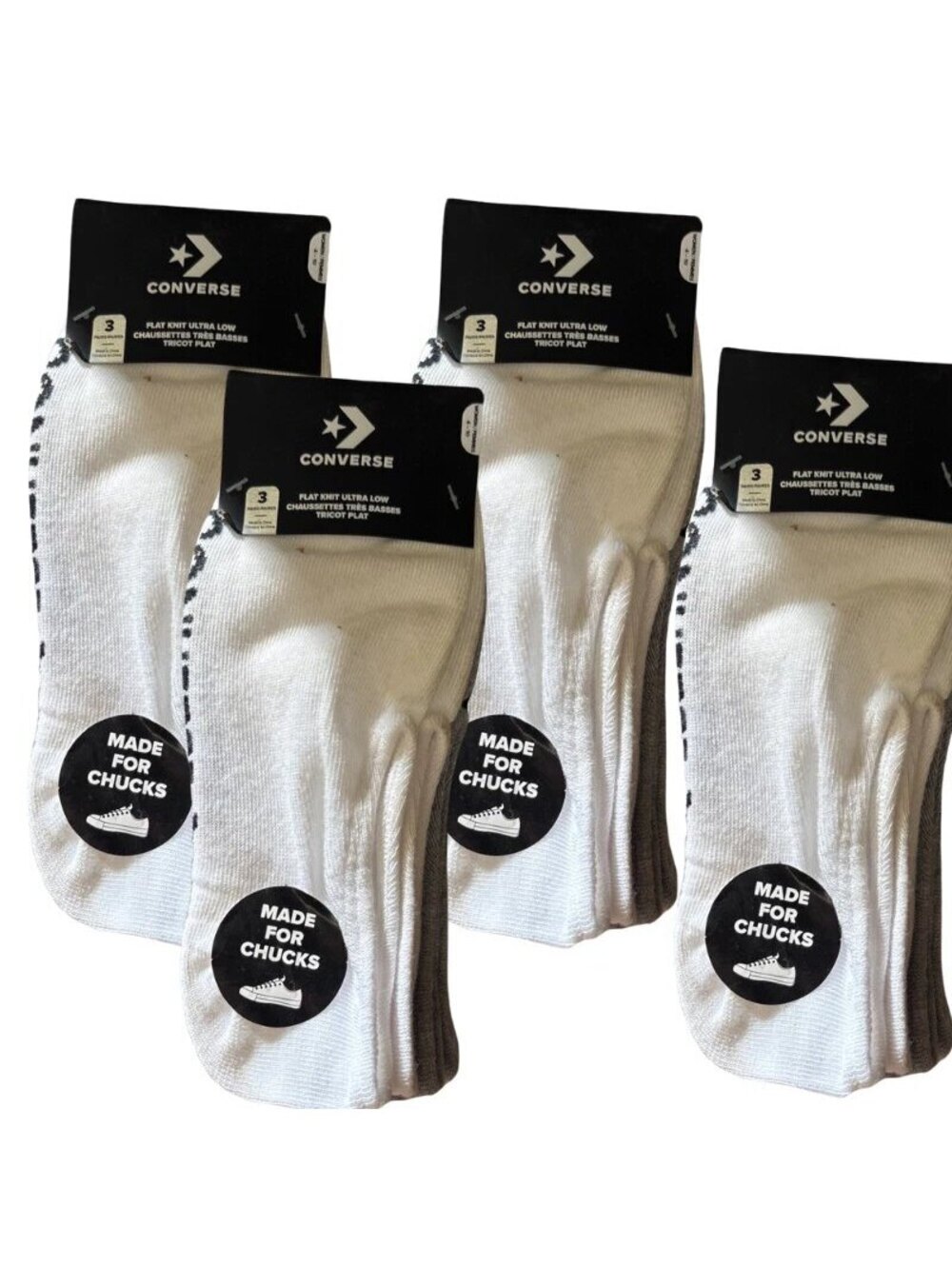 Converse Flat Knit Ultra Low No Show Socks White Gray Made for Chucks 4 Pack